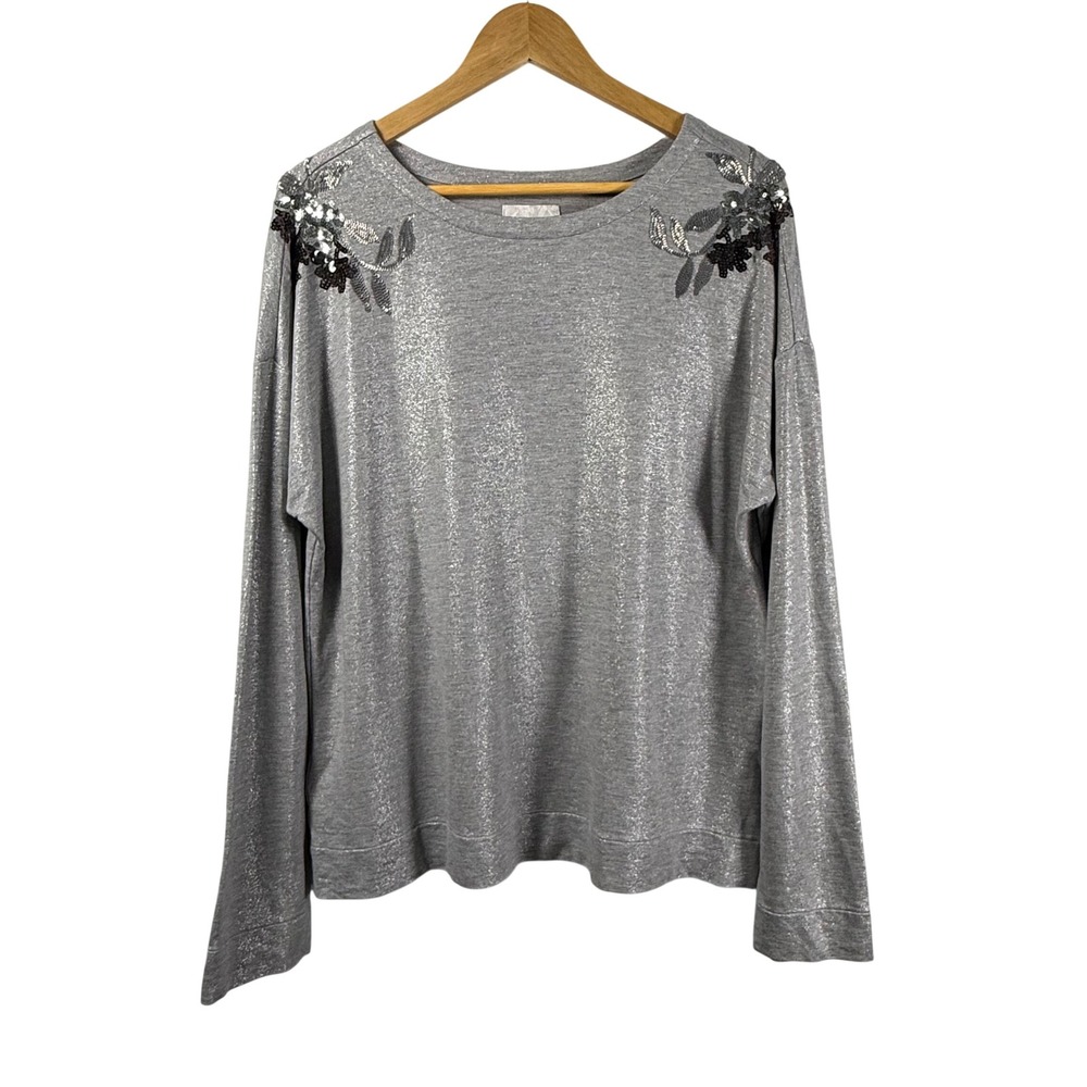 Tommy Bahama Embellished Silver Metallic Sequin Floral Sweater Top Gray Womens L